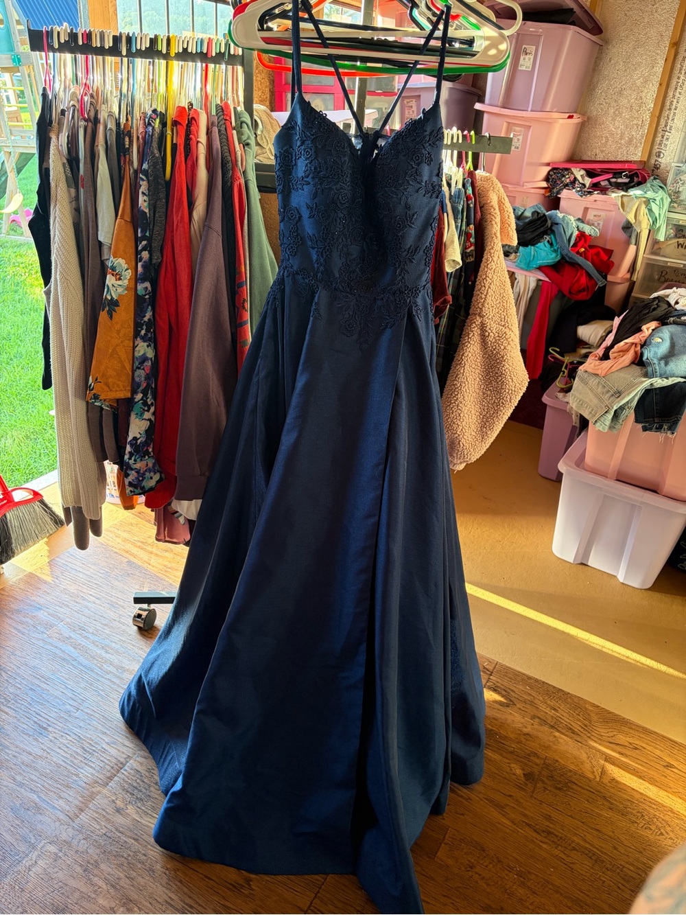 La Femme Navy Lace Bodice A-Line Train Prom Gown